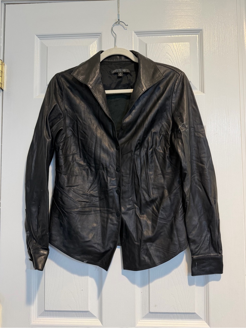 Lafayette 148 New York Black Leather Button-Down Jacket - READ